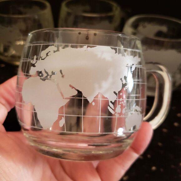 Nestle Nescafe Coffee Cup Mugs World Map Globe Clear Etched Glass Vintage set 6 - Picture 9 of 15